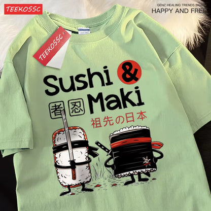 Theduc Sushi and Sushi Printing T-Shirt – Unisex Cotton Loose Fit Tee