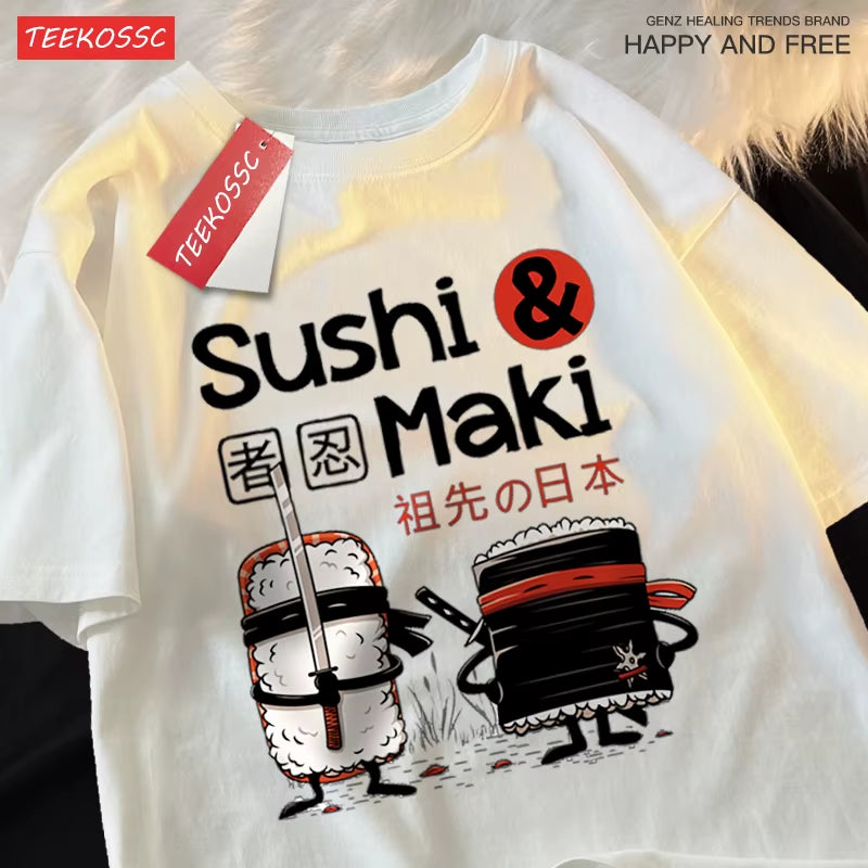 Theduc Sushi and Sushi Printing T-Shirt – Unisex Cotton Loose Fit Tee