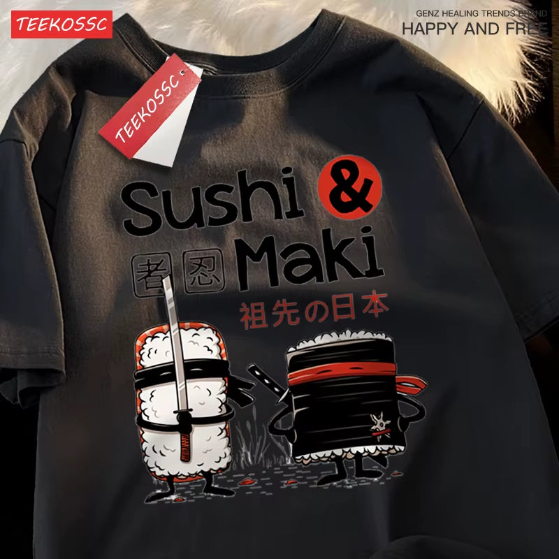 Theduc Sushi and Sushi Printing T-Shirt – Unisex Cotton Loose Fit Tee