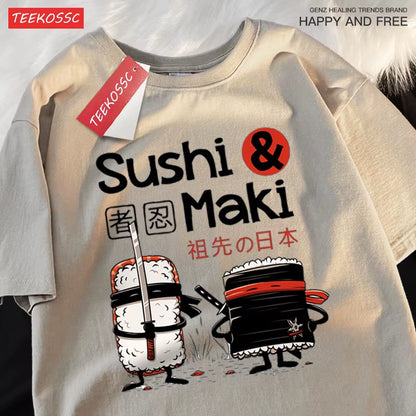 Theduc Sushi and Sushi Printing T-Shirt – Unisex Cotton Loose Fit Tee