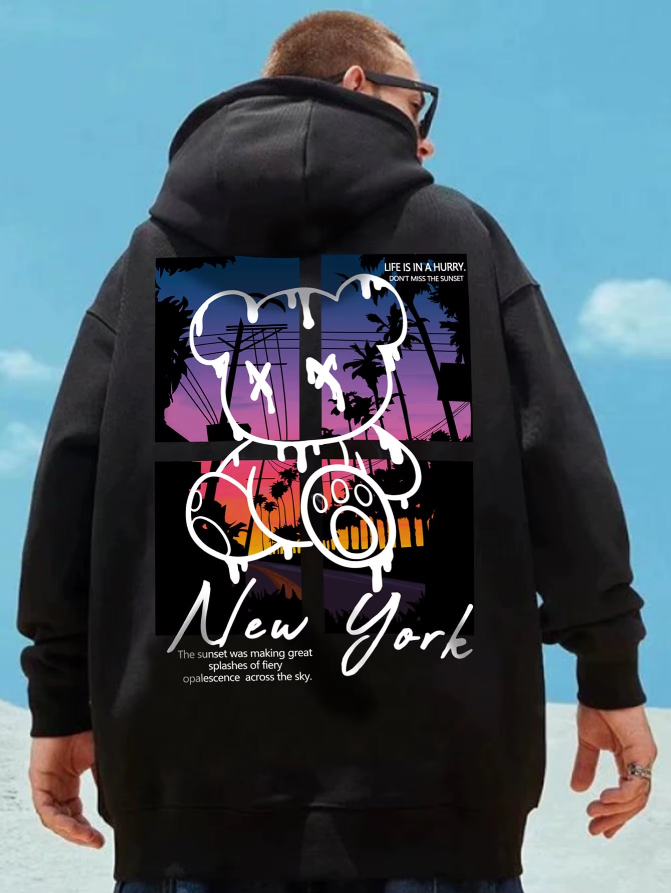 Hip-Hop Hoodie with Bear & Sunset