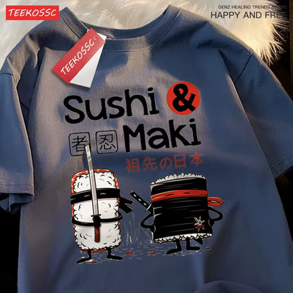 Theduc Sushi and Sushi Printing T-Shirt – Unisex Cotton Loose Fit Tee