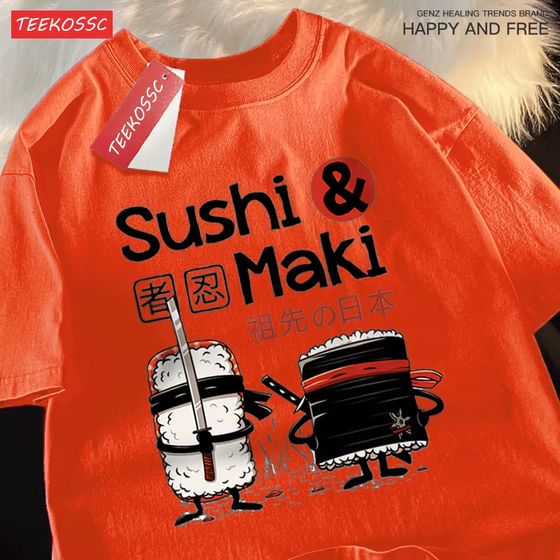 Theduc Sushi and Sushi Printing T-Shirt – Unisex Cotton Loose Fit Tee