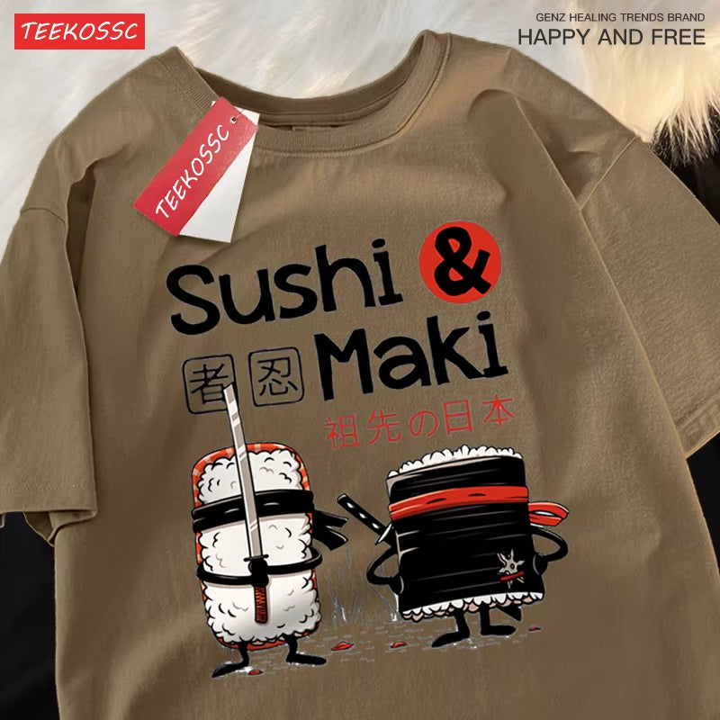 Theduc Sushi and Sushi Printing T-Shirt – Unisex Cotton Loose Fit Tee