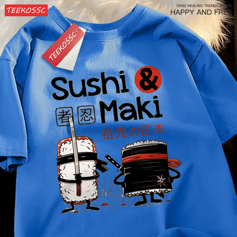 Theduc Sushi and Sushi Printing T-Shirt – Unisex Cotton Loose Fit Tee