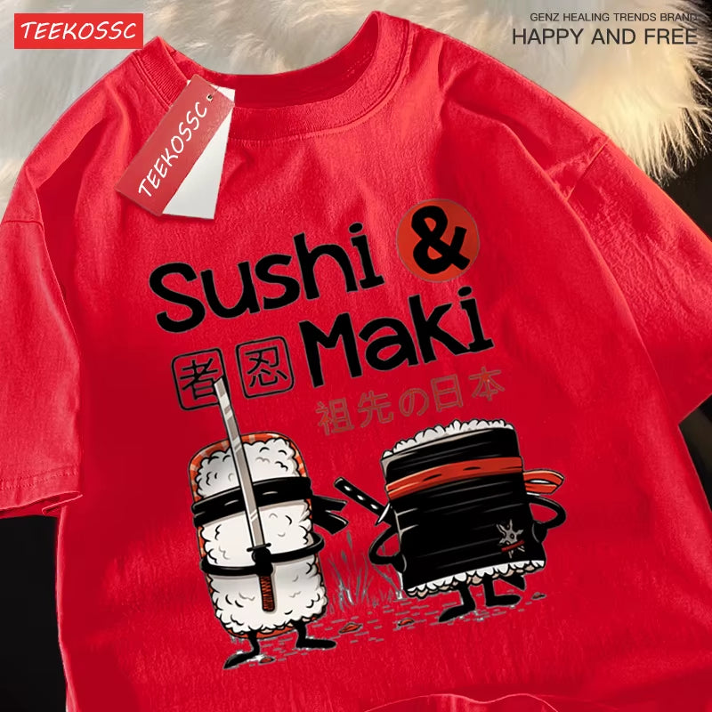 Theduc Sushi and Sushi Printing T-Shirt – Unisex Cotton Loose Fit Tee