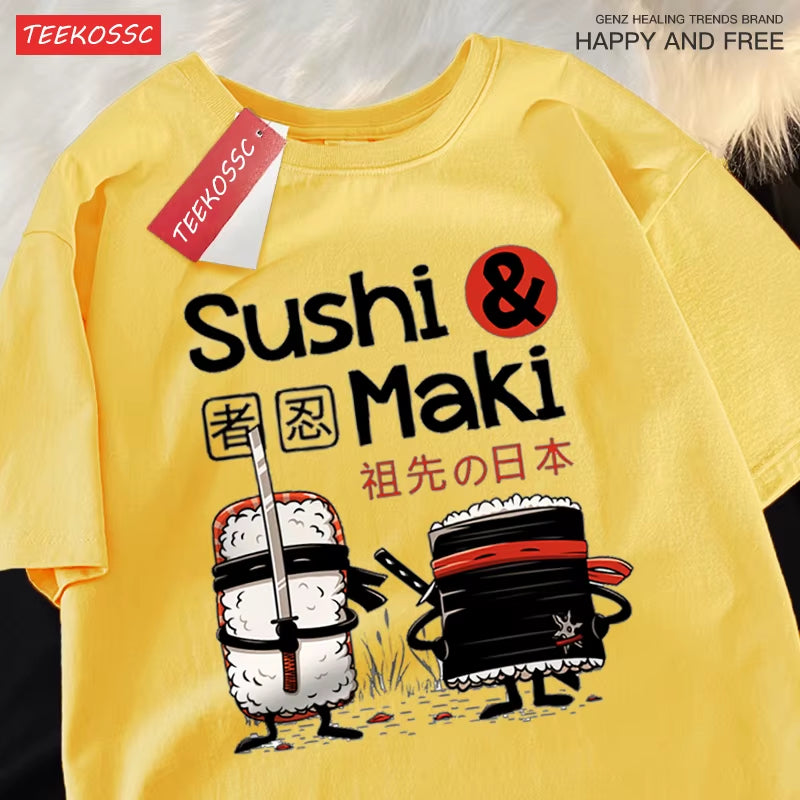 Theduc Sushi and Sushi Printing T-Shirt – Unisex Cotton Loose Fit Tee