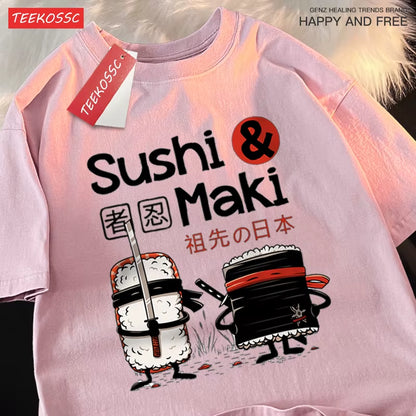 Theduc Sushi and Sushi Printing T-Shirt – Unisex Cotton Loose Fit Tee